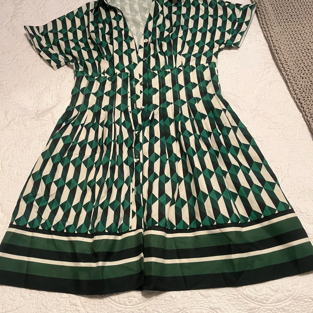 Green and Cream Geometric Midi Dress with Button Front